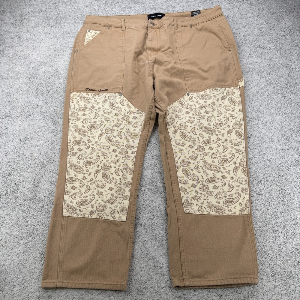 Homme Femme Carpenter Pants Mens Size 44 Brown Paisley Patchwork Wide Leg Y2K